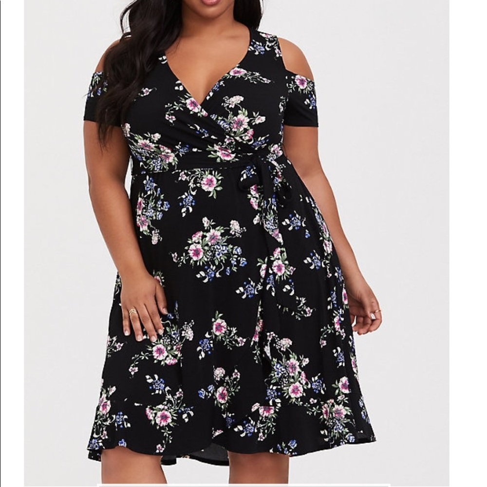 Black floral wrap dress